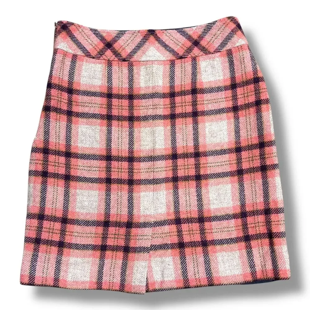 L.L.Bean Favorite Fit Wool Skirt Pink Purple Green Gold Plaid 8 Petite